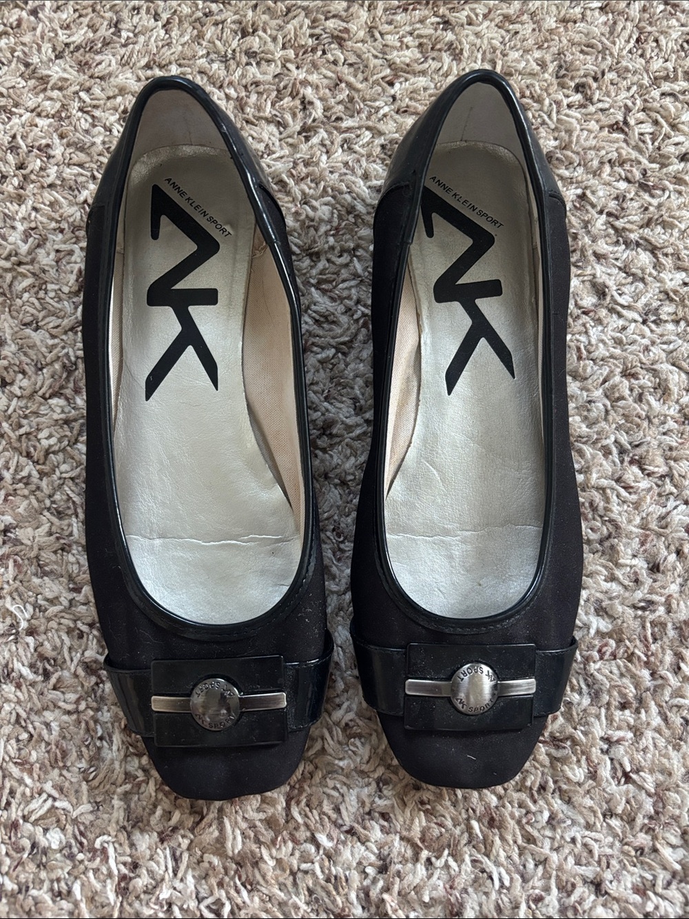 Anne Klein Black Square-Toe Ballet Flats with Silver Buckle